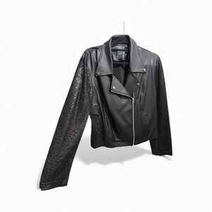 Clara Sun Woo SEQUIN KNIT LIQUID LEATHER SHEEN MOTO JACKET - BLACK